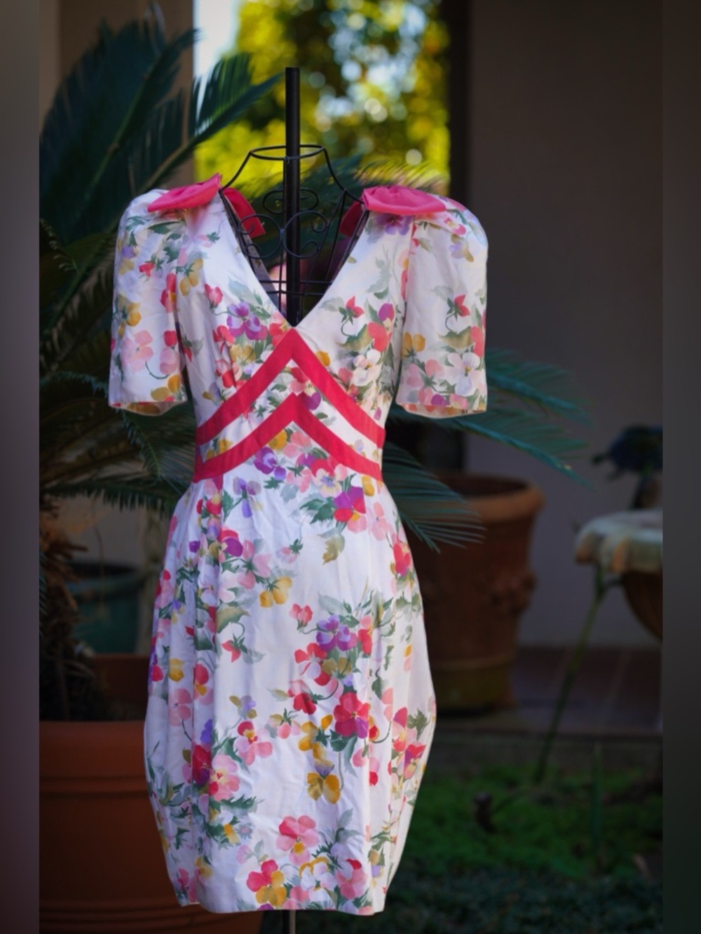 VTG 80s Ann Tobias Floral Puff Sleeve Dress - Hot Pink Bows - Size 4/6